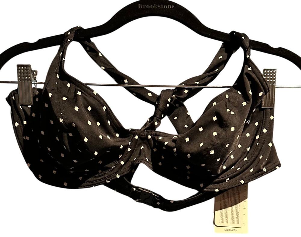 Freya NWT 38D Bikini Top Black with White Polka Dots Lycra Swim Vacation Beach